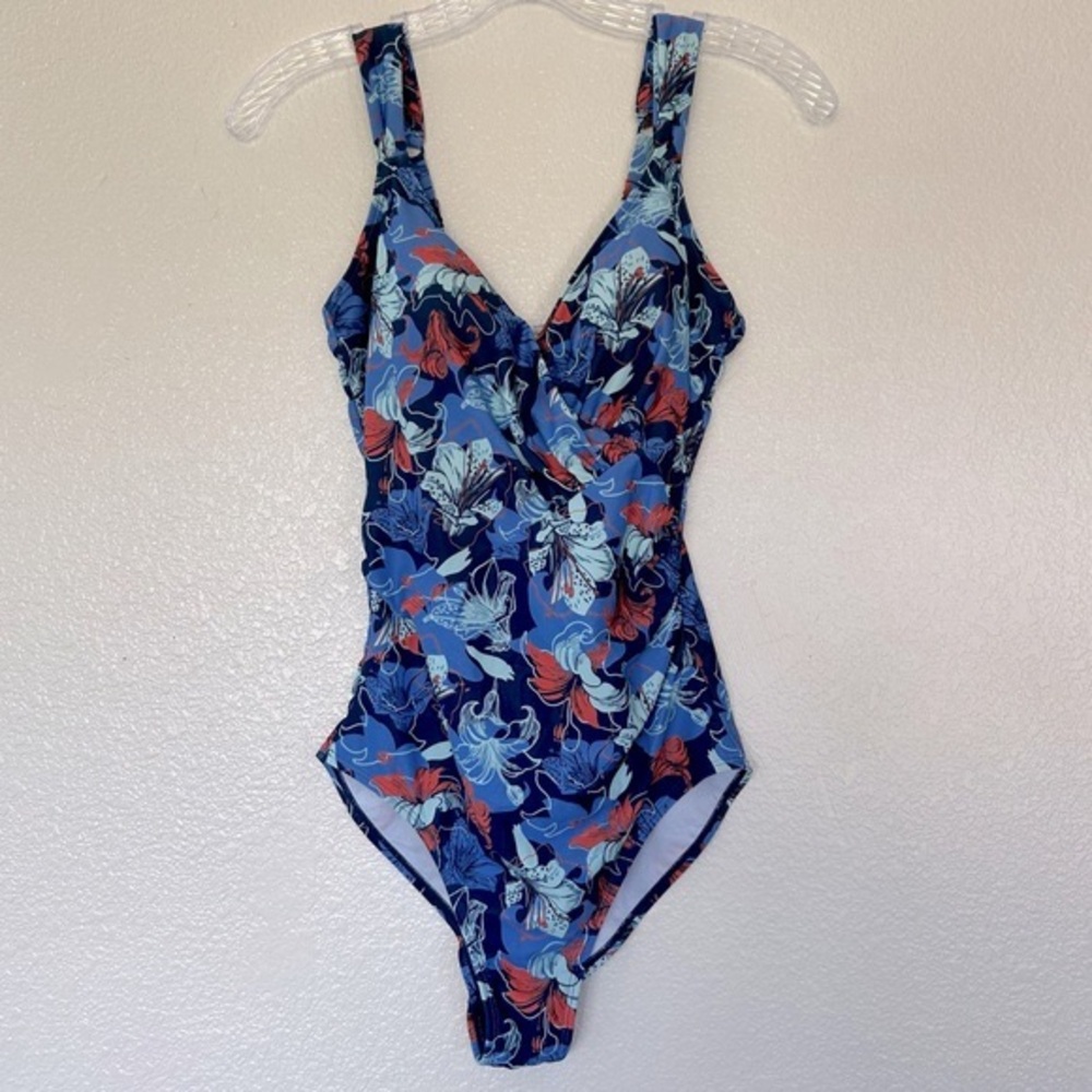 Blue Floral One Piece Bathing Suit Ruched Wrap Front Adjustable Straps S